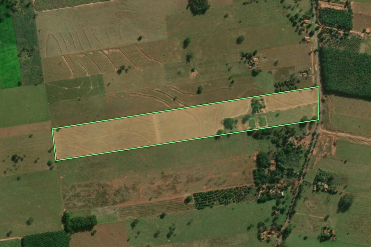 Imagem de satélite do imóvel rural em Junqueirópolis (SP), com o contorno declarado no CAR desenhado por cima.