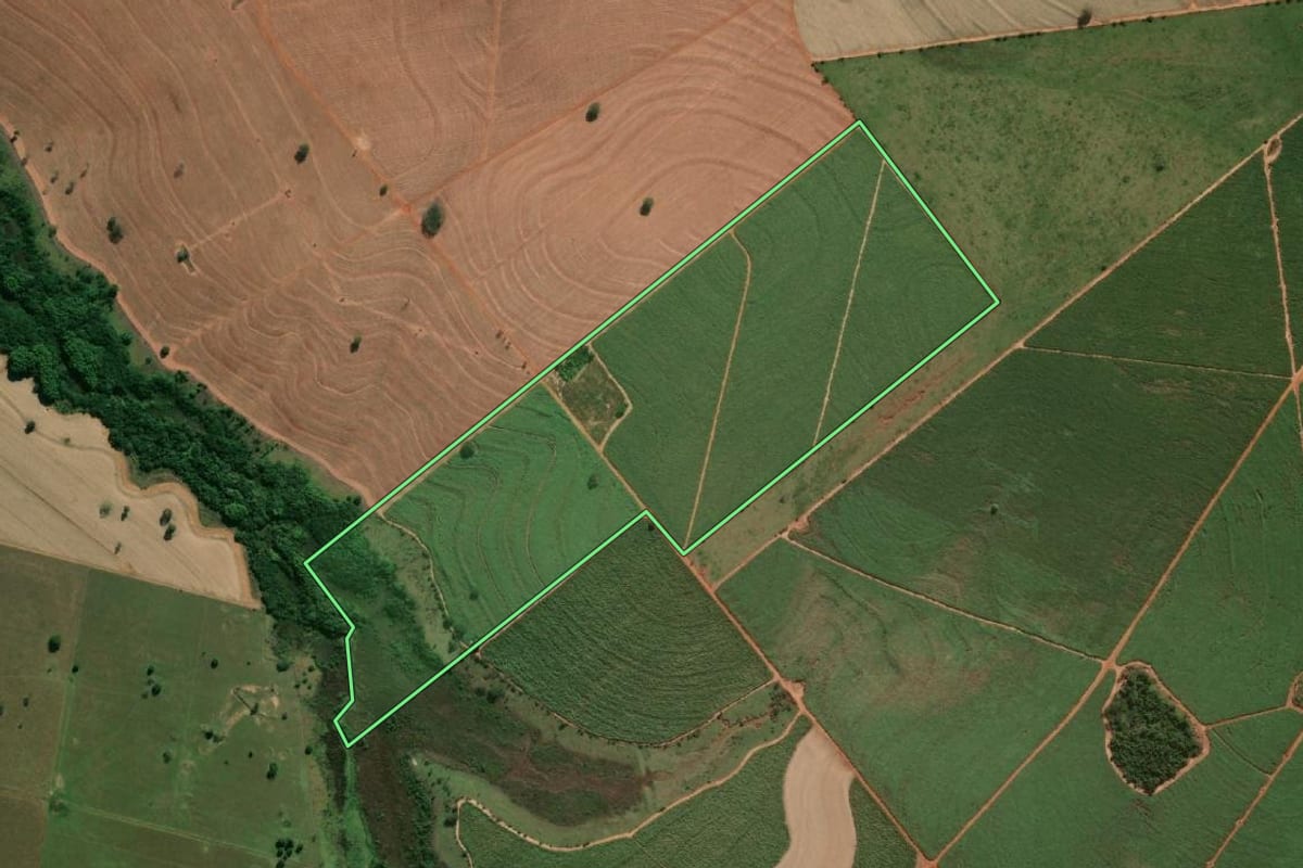 Imagem de satélite do imóvel rural em Junqueirópolis (SP), com o contorno declarado no CAR desenhado por cima.