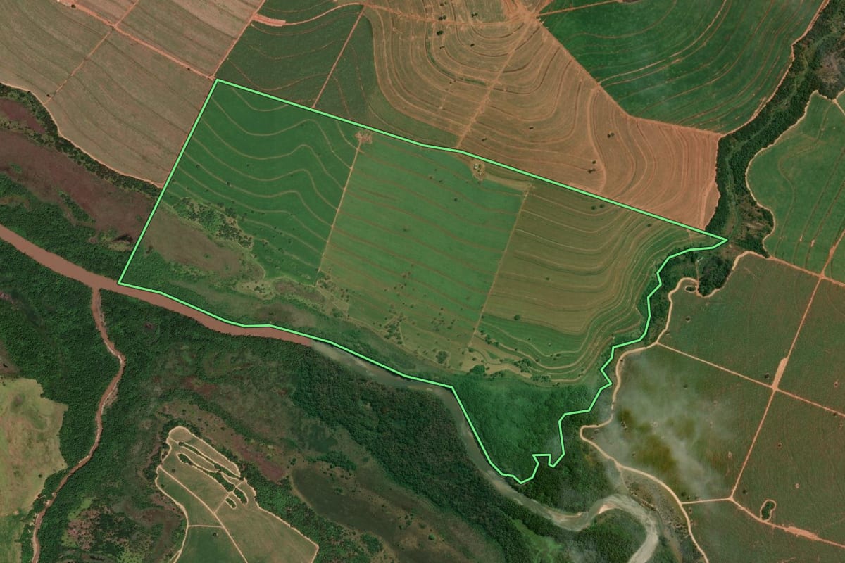 Imagem de satélite do imóvel rural em Junqueirópolis (SP), com o contorno declarado no CAR desenhado por cima.