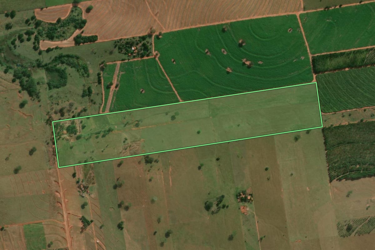 Imagem de satélite do imóvel rural em Junqueirópolis (SP), com o contorno declarado no CAR desenhado por cima.