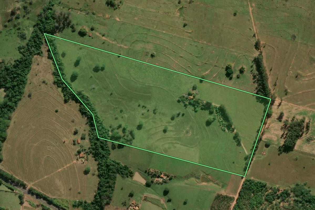 Imagem de satélite do imóvel rural em Junqueirópolis (SP), com o contorno declarado no CAR desenhado por cima.