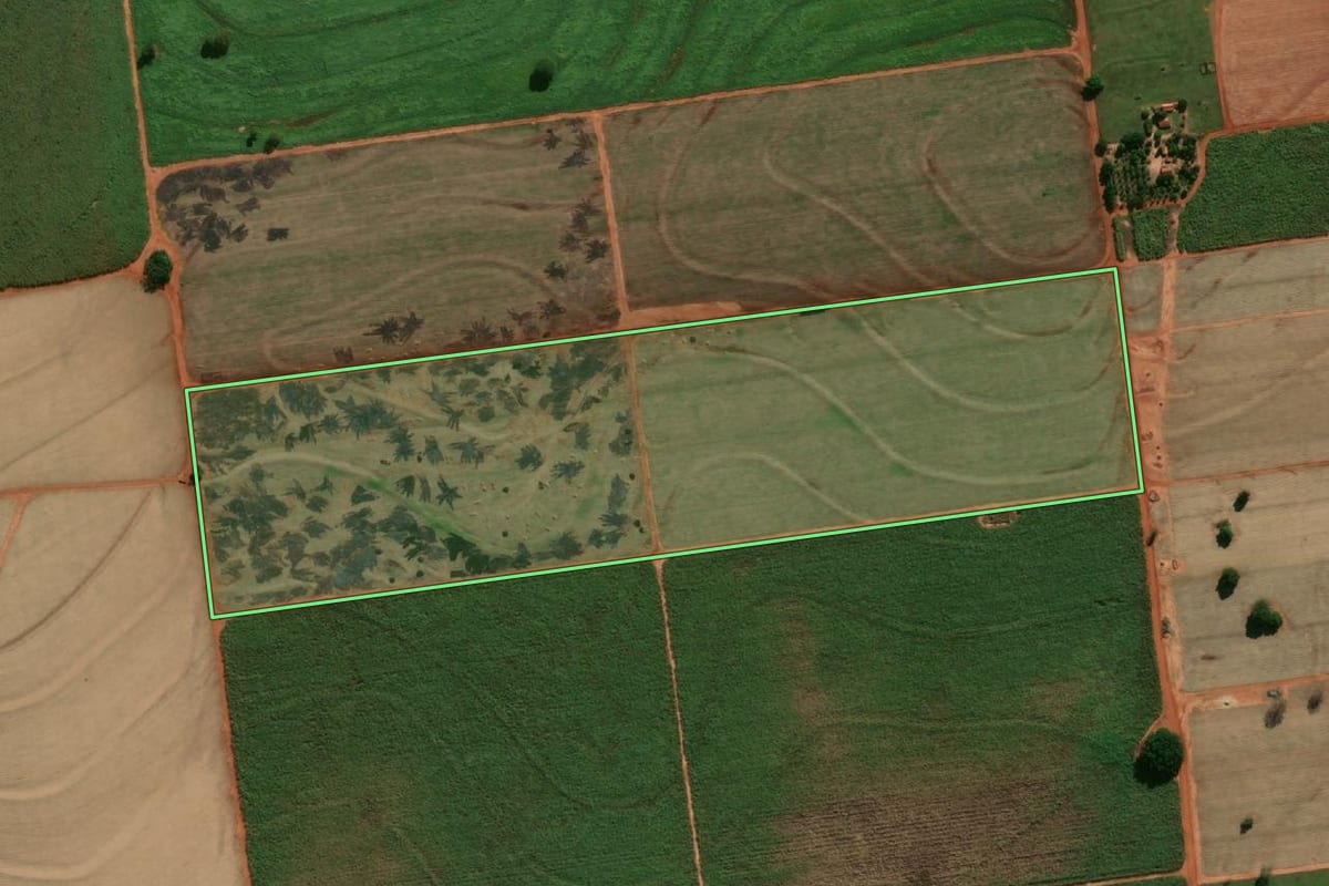 Imagem de satélite do imóvel rural em Junqueirópolis (SP), com o contorno declarado no CAR desenhado por cima.