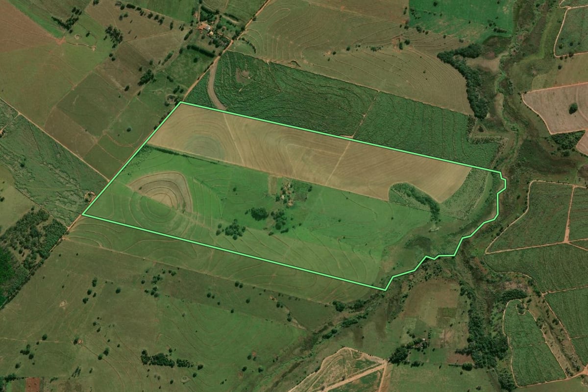 Imagem de satélite do imóvel rural em Junqueirópolis (SP), com o contorno declarado no CAR desenhado por cima.