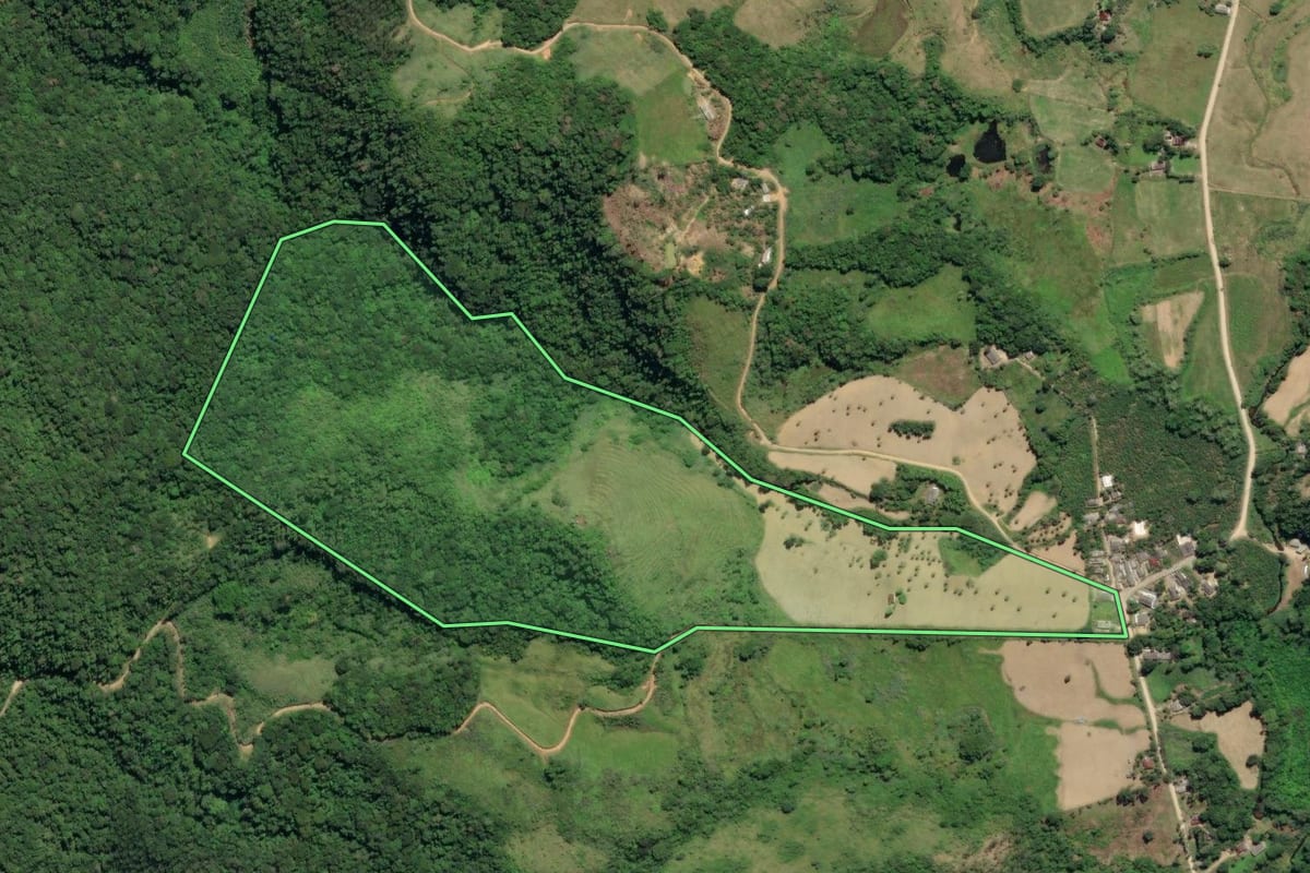 Imagem de satélite do imóvel rural em Juquiá (SP), com o contorno declarado no CAR desenhado por cima.