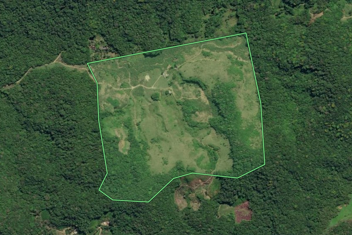 Imagem de satélite do imóvel rural em Juquiá (SP), com o contorno declarado no CAR desenhado por cima.