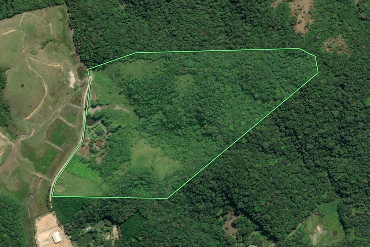 Imagem de satélite do imóvel rural em Juquiá (SP), com o contorno declarado no CAR desenhado por cima.