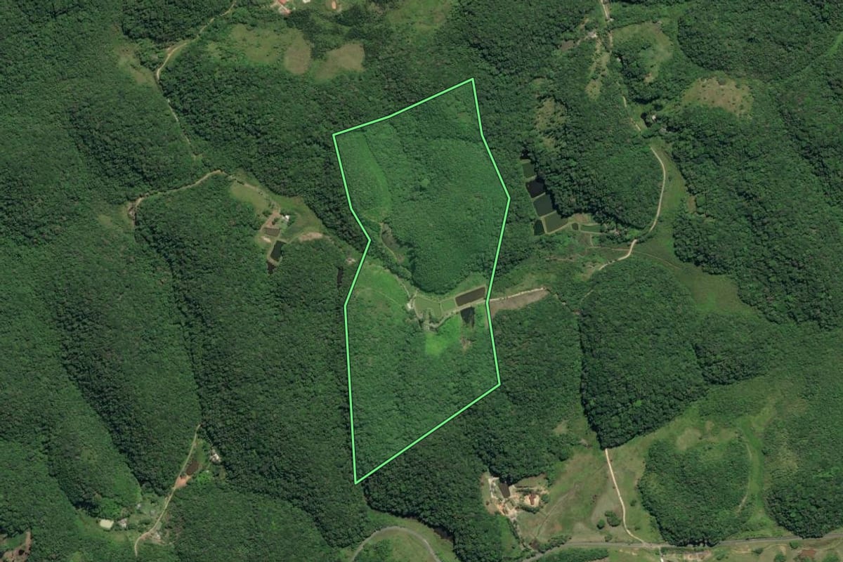 Imagem de satélite do imóvel rural em Juquiá (SP), com o contorno declarado no CAR desenhado por cima.