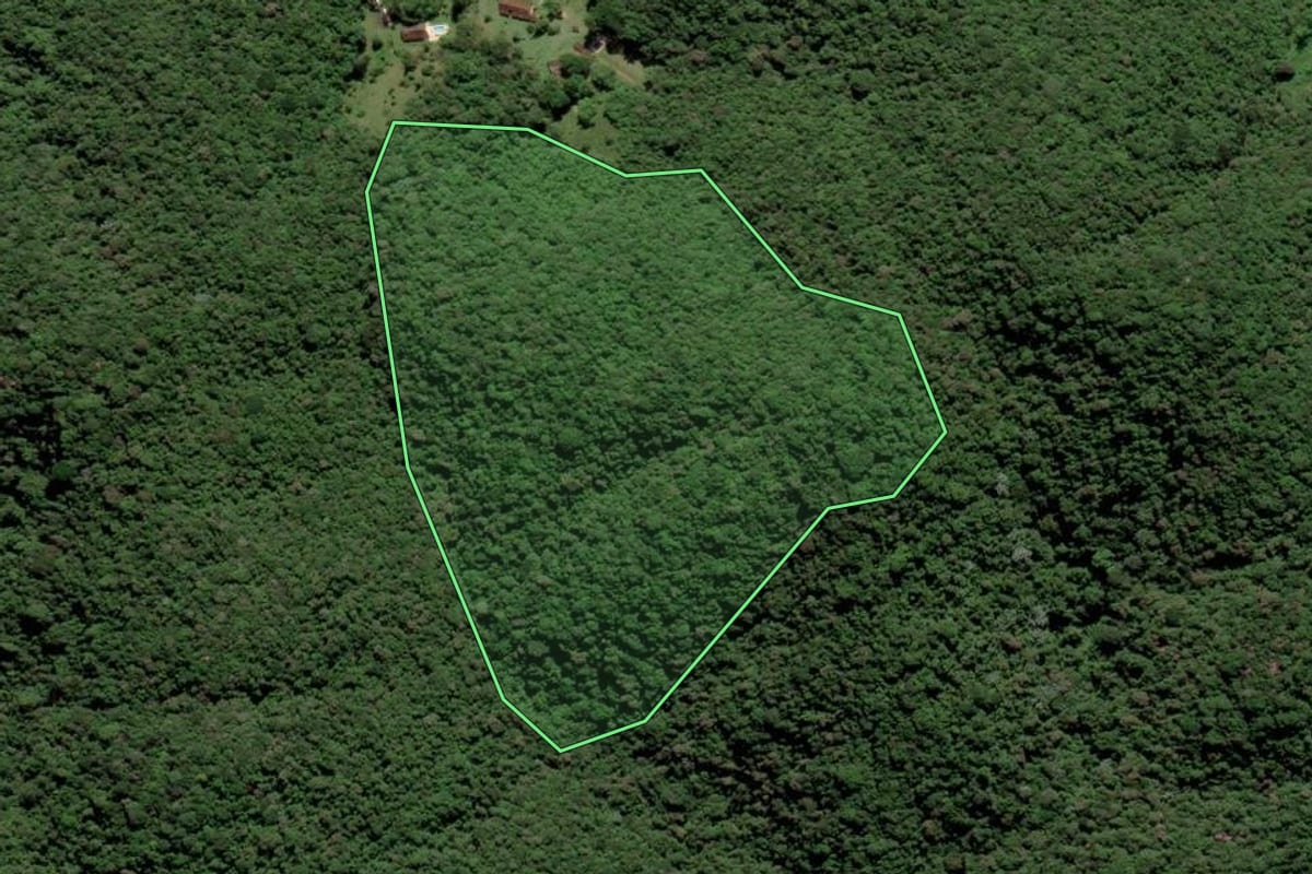 Imagem de satélite do imóvel rural em Juquitiba (SP), com o contorno declarado no CAR desenhado por cima.