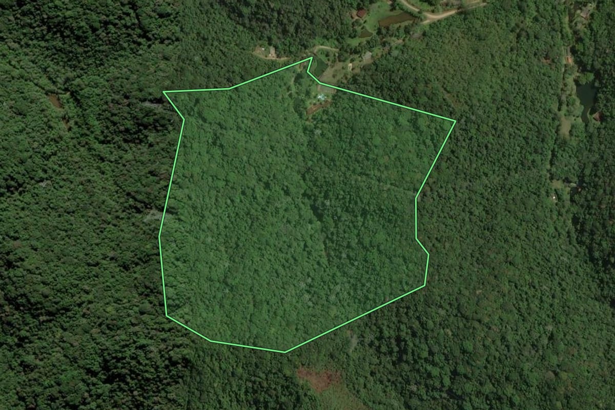 Imagem de satélite do imóvel rural em Juquitiba (SP), com o contorno declarado no CAR desenhado por cima.