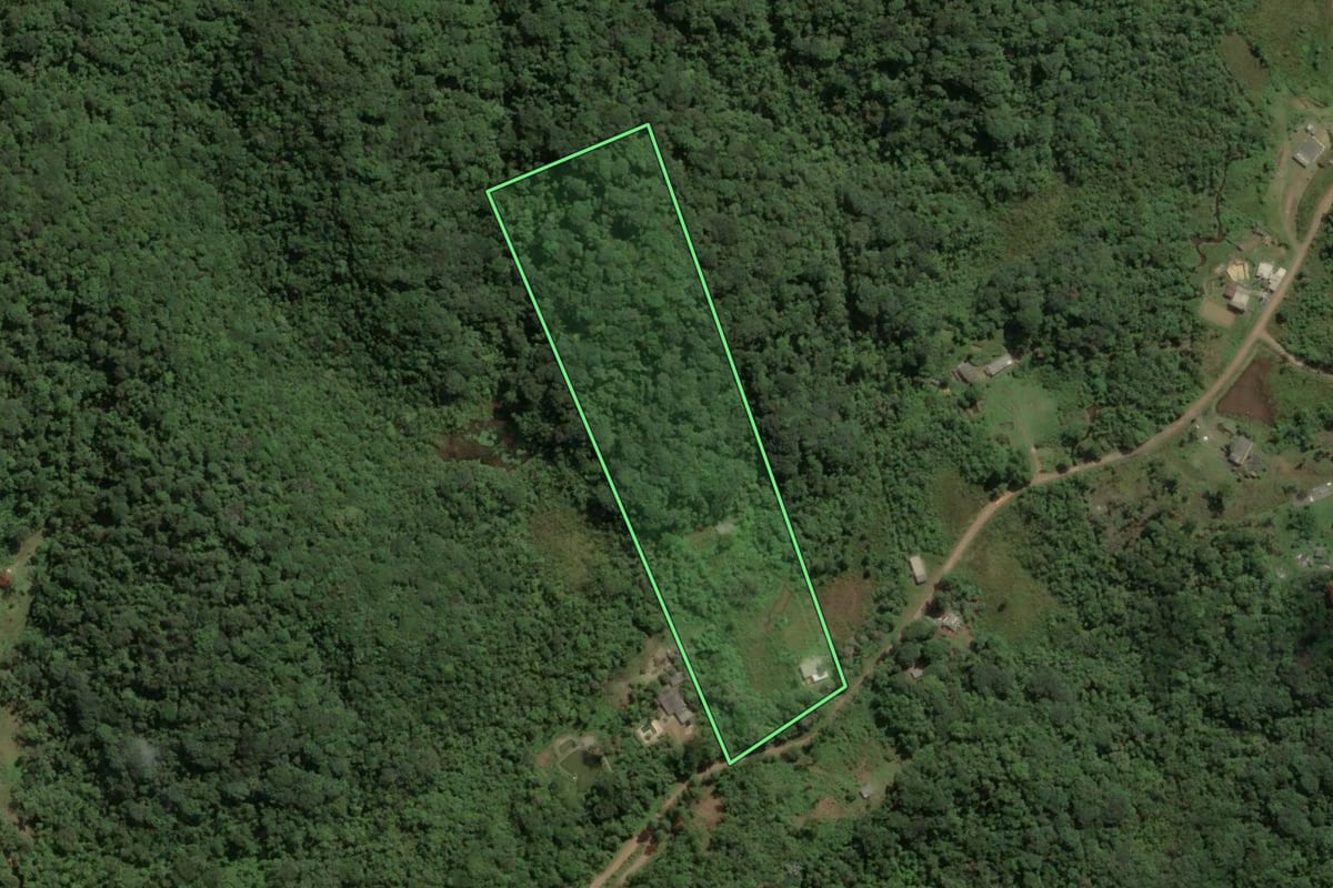 Imagem de satélite do imóvel rural em Juquitiba (SP), com o contorno declarado no CAR desenhado por cima.