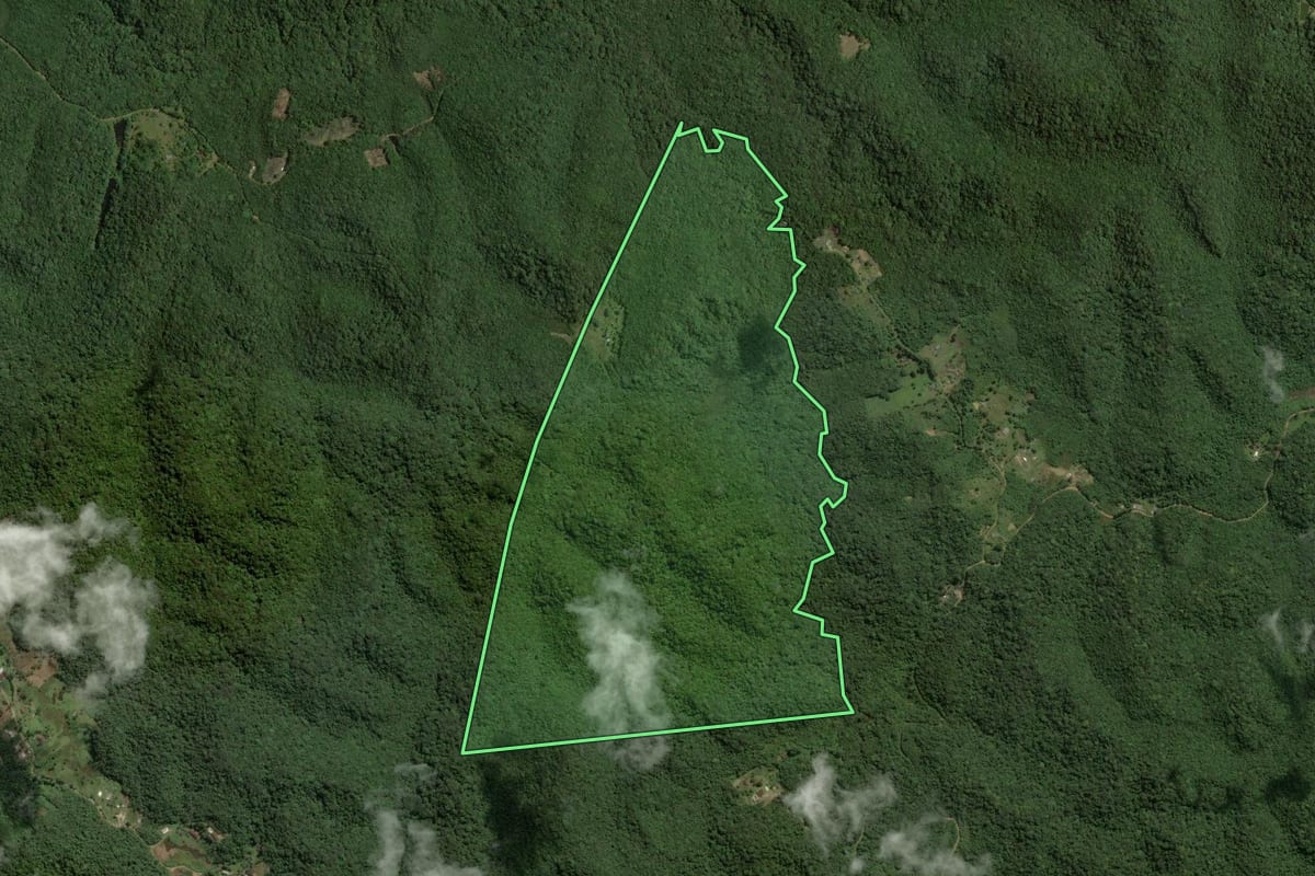 Imagem de satélite do imóvel rural em Juquitiba (SP), com o contorno declarado no CAR desenhado por cima.