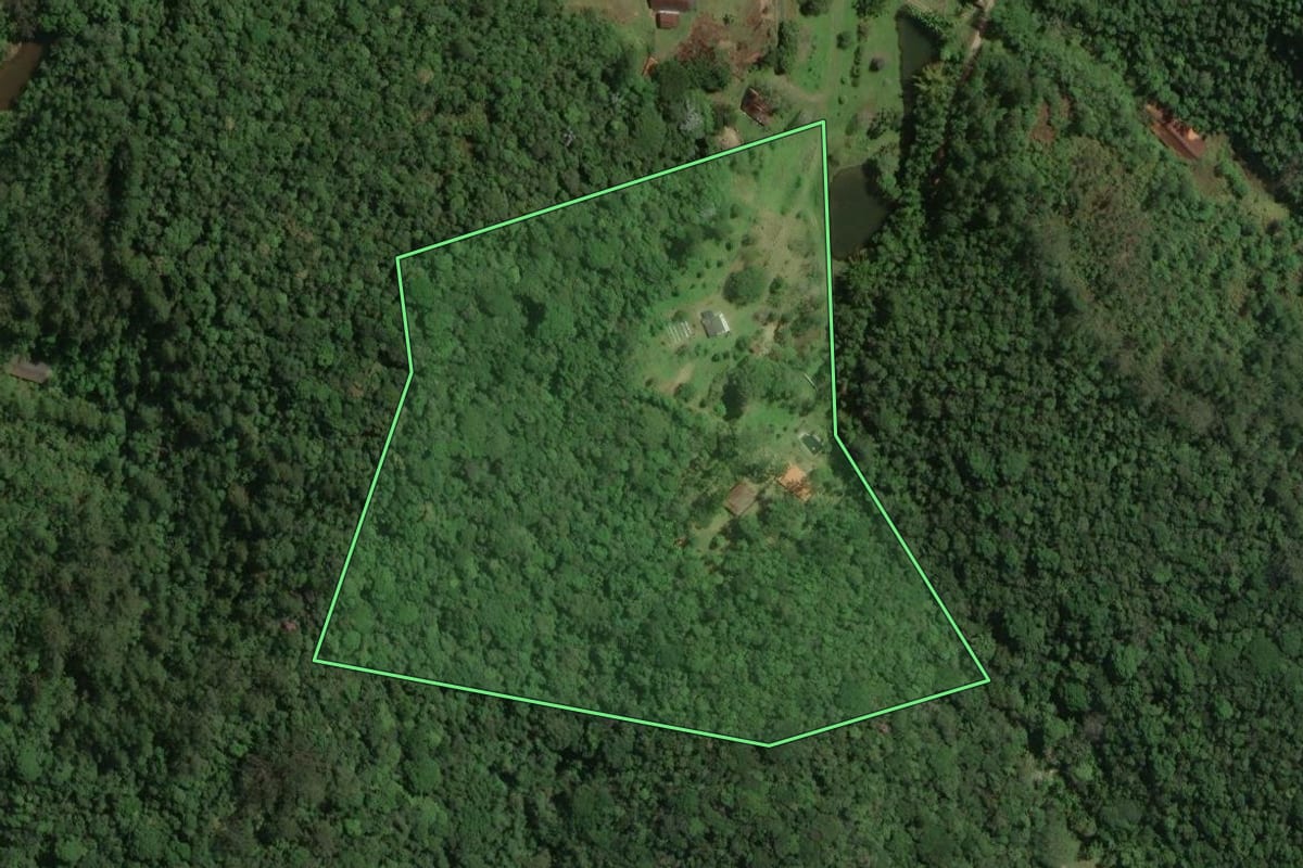 Imagem de satélite do imóvel rural em Juquitiba (SP), com o contorno declarado no CAR desenhado por cima.