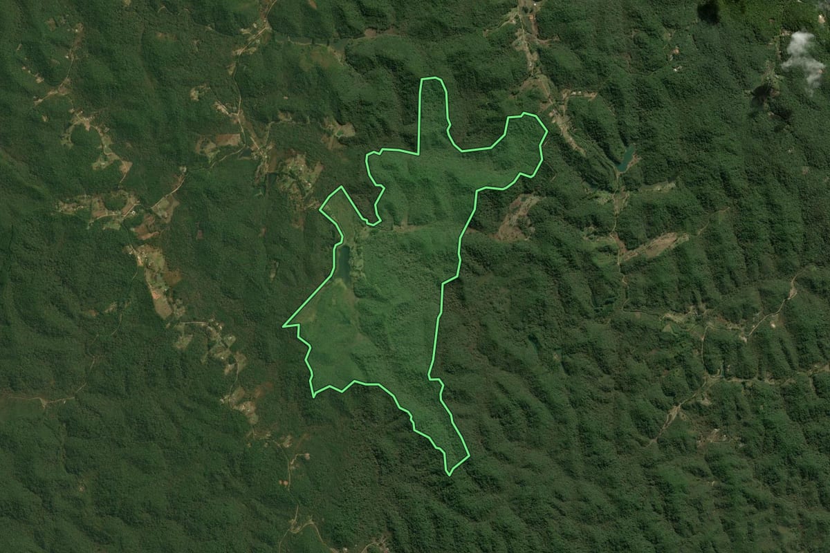 Imagem de satélite do imóvel rural em Juquitiba (SP), com o contorno declarado no CAR desenhado por cima.