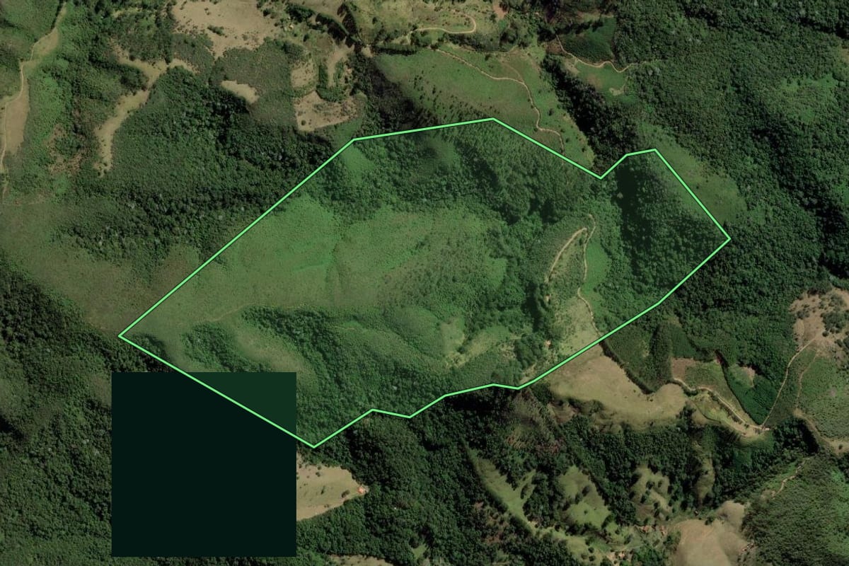 Imagem de satélite do imóvel rural em Lagoinha (SP), com o contorno declarado no CAR desenhado por cima.