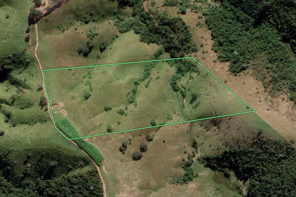 Imagem de satélite do imóvel rural em Lagoinha (SP), com o contorno declarado no CAR desenhado por cima.