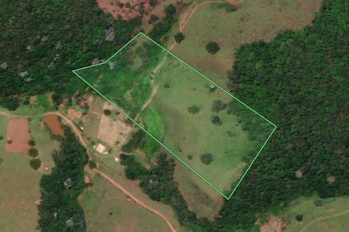Imagem de satélite do imóvel rural em Lagoinha (SP), com o contorno declarado no CAR desenhado por cima.