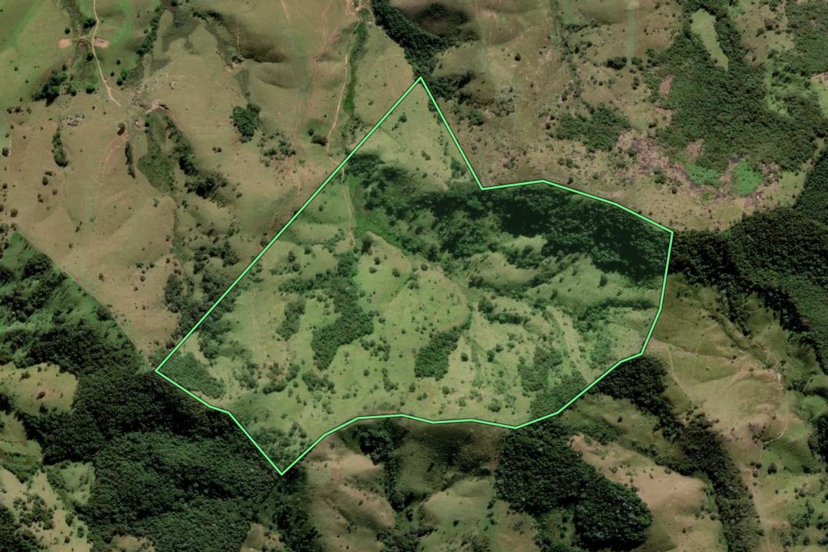 Imagem de satélite do imóvel rural em Lagoinha (SP), com o contorno declarado no CAR desenhado por cima.