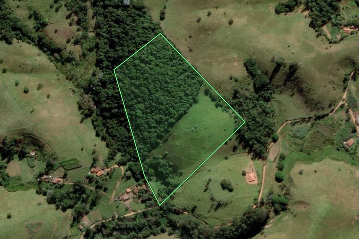 Imagem de satélite do imóvel rural em Lagoinha (SP), com o contorno declarado no CAR desenhado por cima.