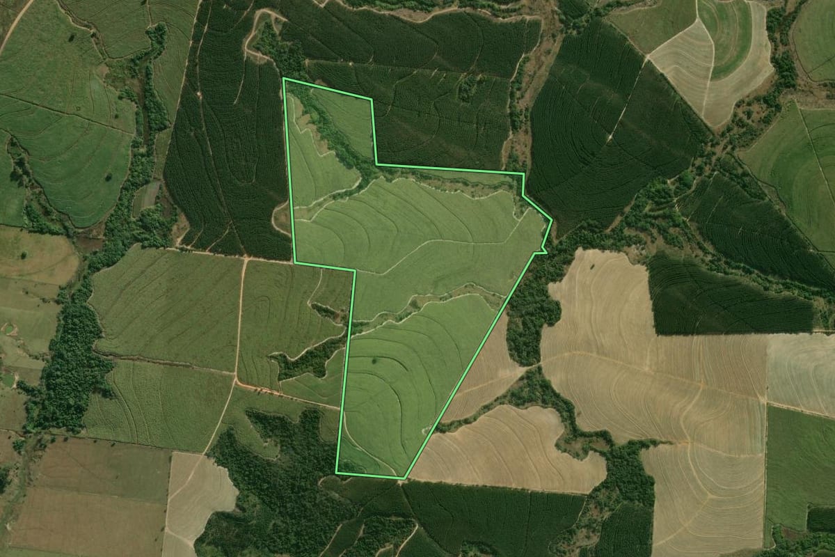 Imagem de satélite do imóvel rural em Laranjal Paulista (SP), com o contorno declarado no CAR desenhado por cima.