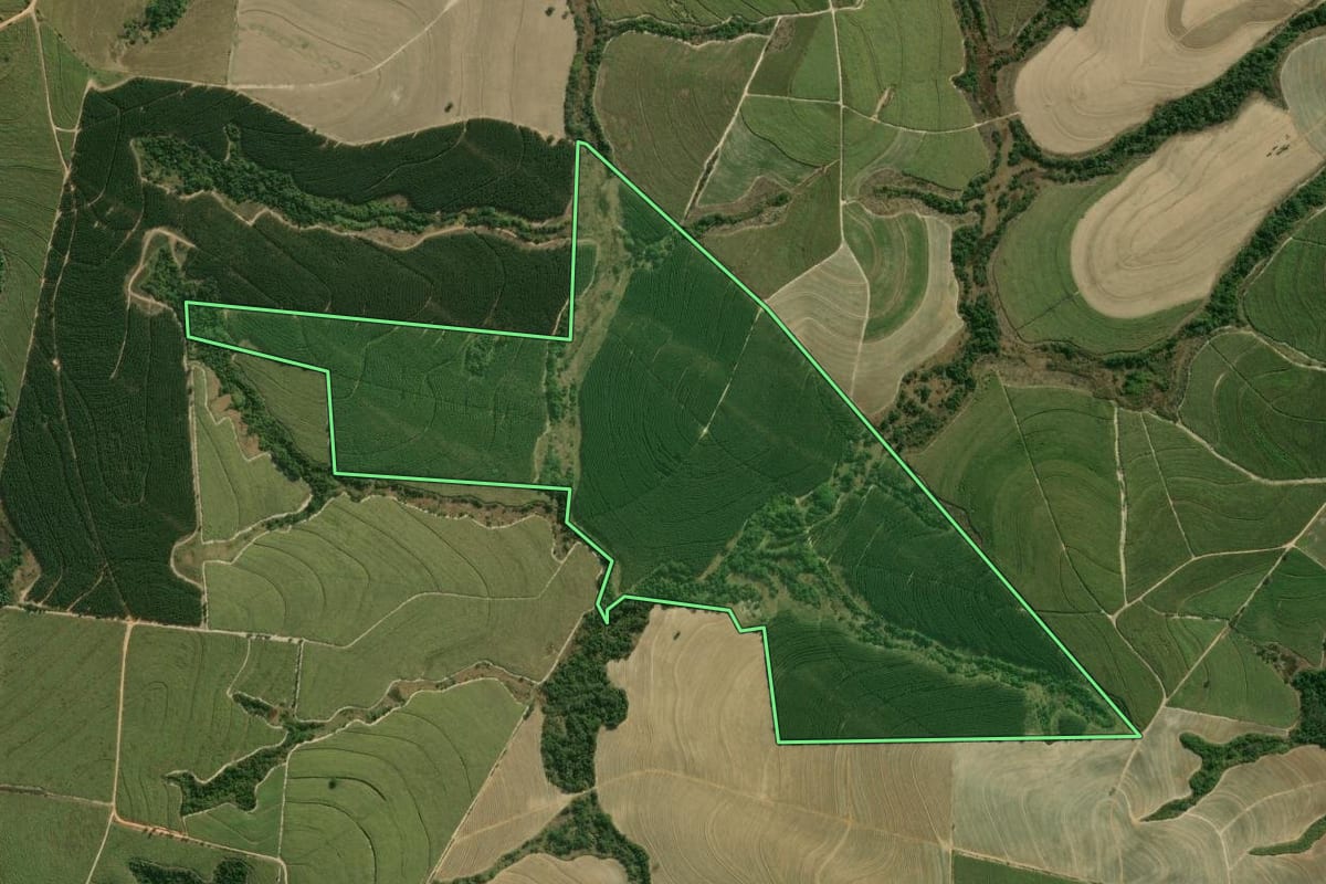 Imagem de satélite do imóvel rural em Laranjal Paulista (SP), com o contorno declarado no CAR desenhado por cima.