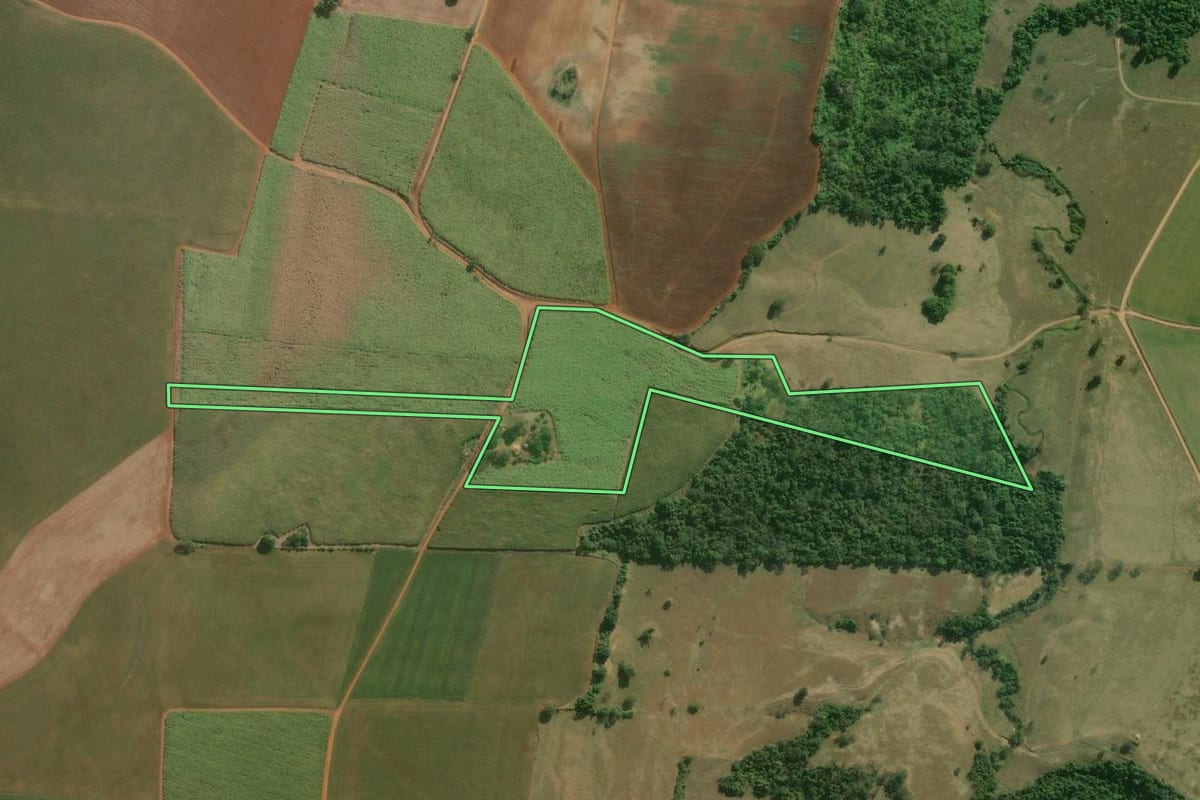 Imagem de satélite do imóvel rural em Laranjal Paulista (SP), com o contorno declarado no CAR desenhado por cima.