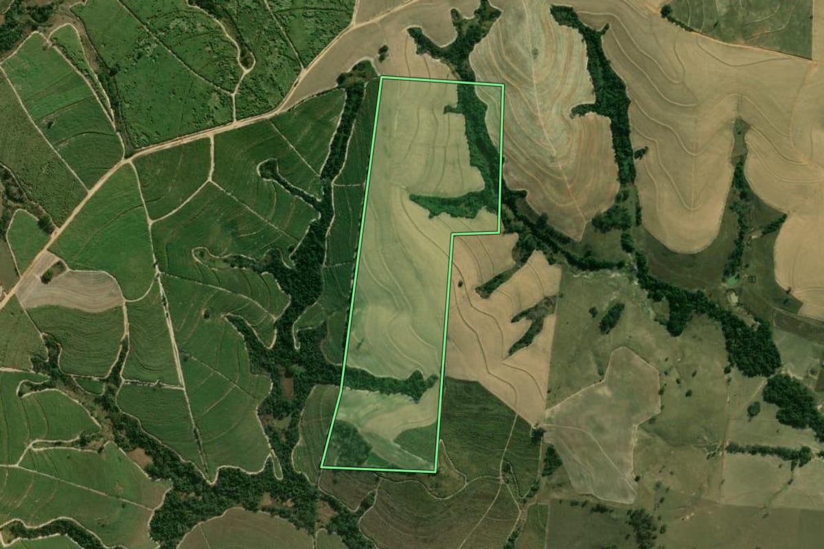 Imagem de satélite do imóvel rural em Laranjal Paulista (SP), com o contorno declarado no CAR desenhado por cima.