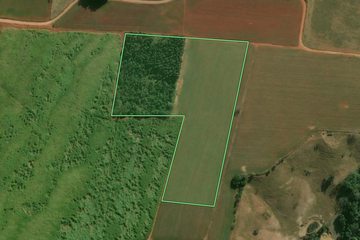 Imagem de satélite do imóvel rural em Laranjal Paulista (SP), com o contorno declarado no CAR desenhado por cima.