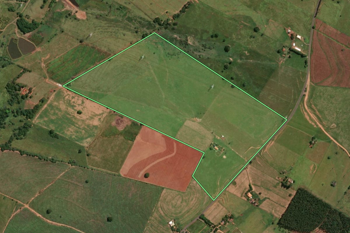 Imagem de satélite do imóvel rural em Lavínia (SP), com o contorno declarado no CAR desenhado por cima.