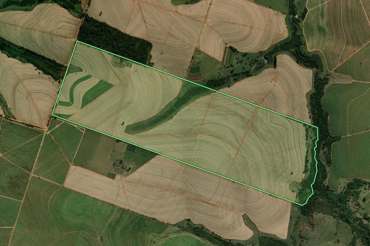 Imagem de satélite do imóvel rural em Lavínia (SP), com o contorno declarado no CAR desenhado por cima.