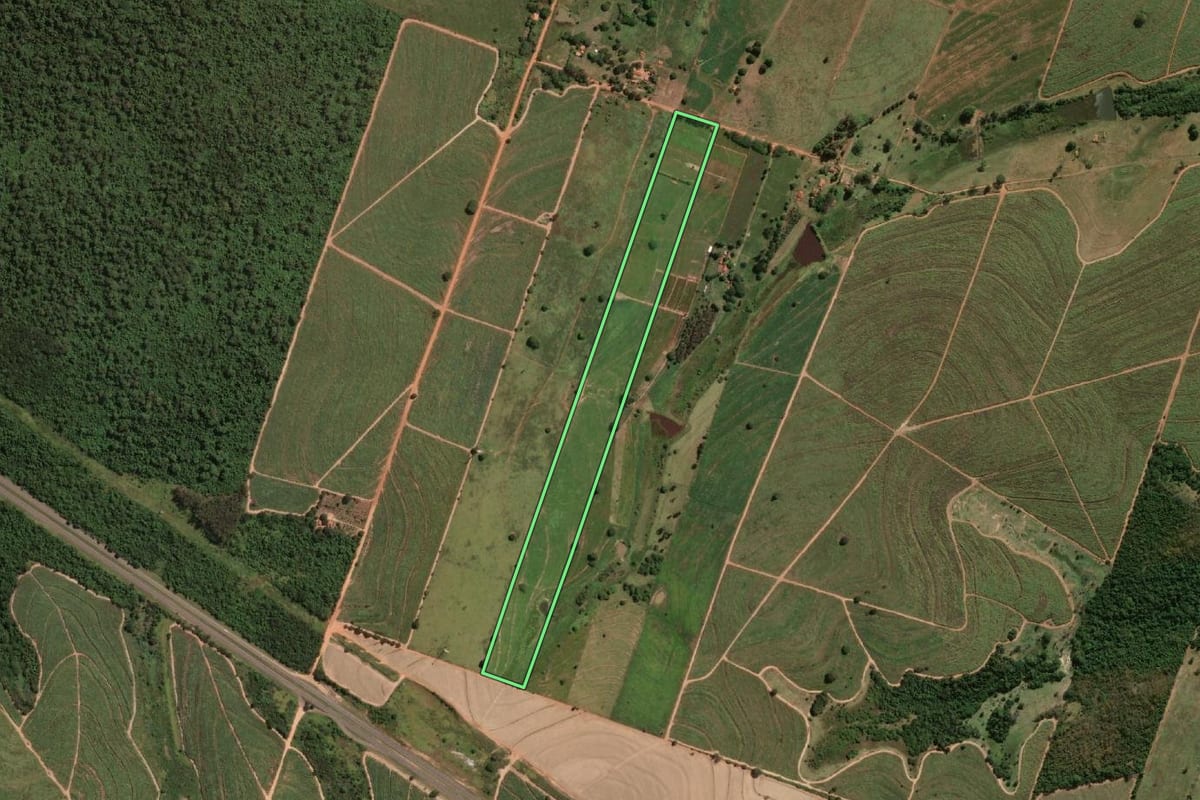 Imagem de satélite do imóvel rural em Lavínia (SP), com o contorno declarado no CAR desenhado por cima.