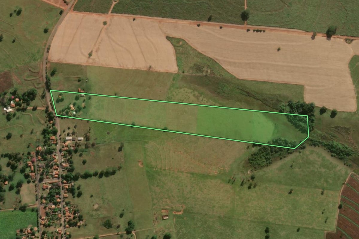 Imagem de satélite do imóvel rural em Lavínia (SP), com o contorno declarado no CAR desenhado por cima.