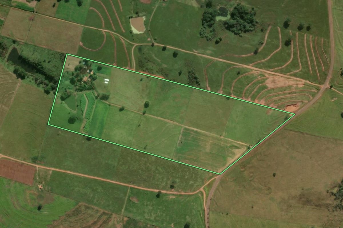 Imagem de satélite do imóvel rural em Lavínia (SP), com o contorno declarado no CAR desenhado por cima.