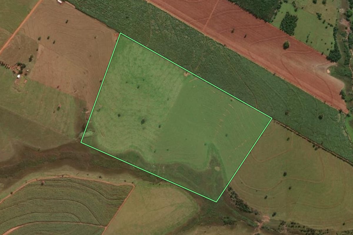 Imagem de satélite do imóvel rural em Lavínia (SP), com o contorno declarado no CAR desenhado por cima.