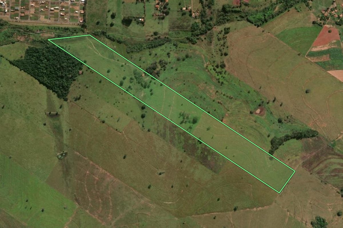 Imagem de satélite do imóvel rural em Lavínia (SP), com o contorno declarado no CAR desenhado por cima.