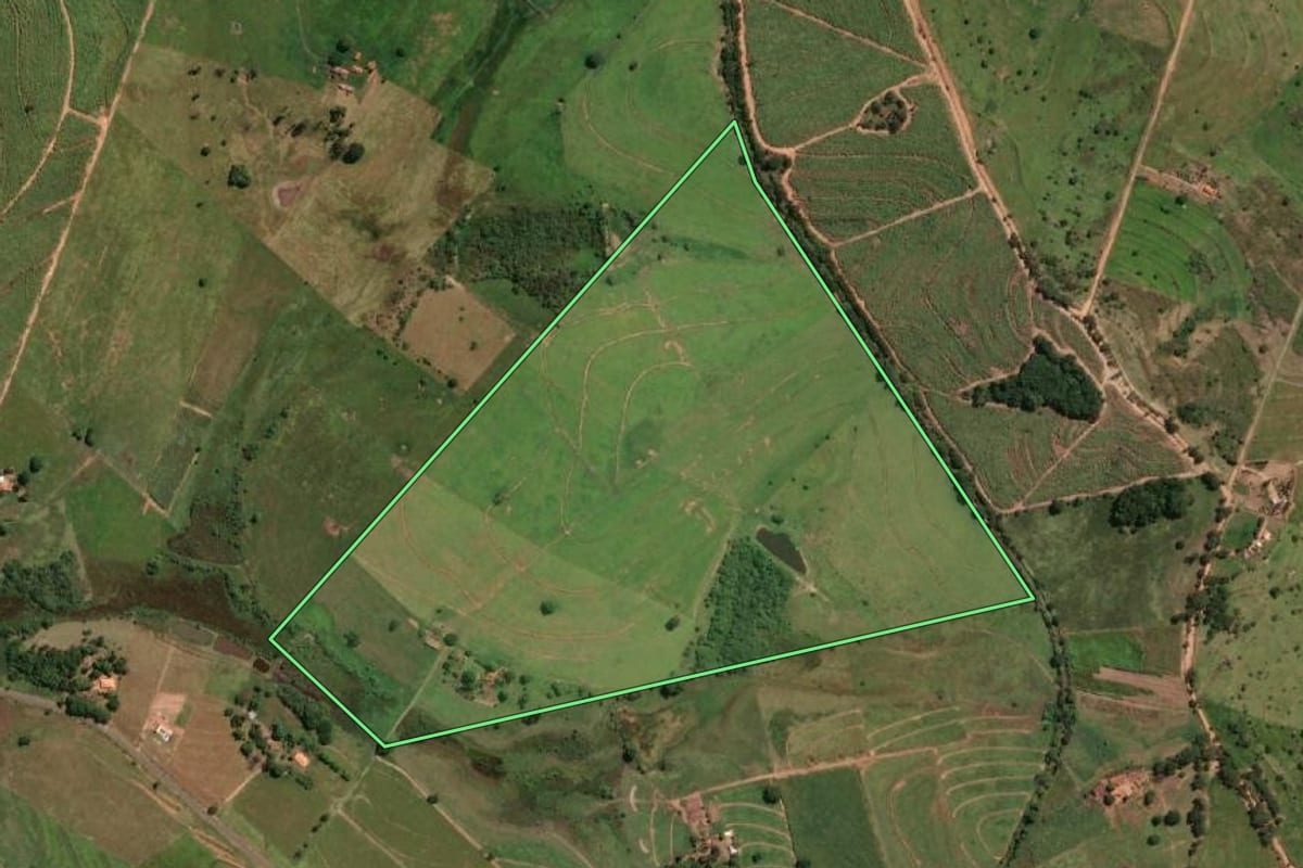 Imagem de satélite do imóvel rural em Lavínia (SP), com o contorno declarado no CAR desenhado por cima.
