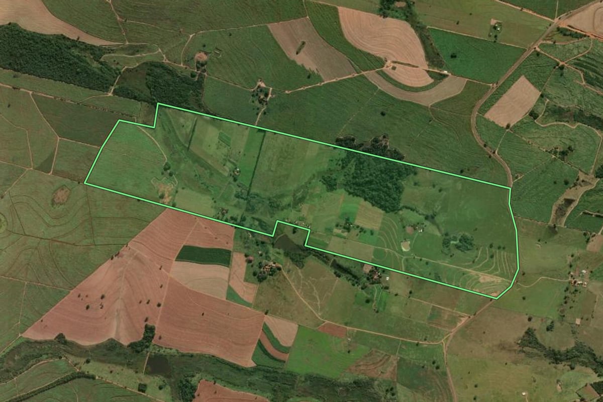Imagem de satélite do imóvel rural em Lavínia (SP), com o contorno declarado no CAR desenhado por cima.