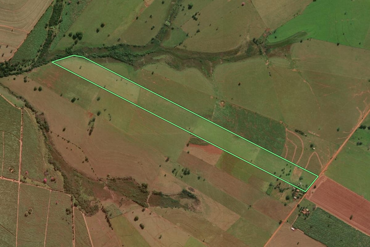 Imagem de satélite do imóvel rural em Lavínia (SP), com o contorno declarado no CAR desenhado por cima.
