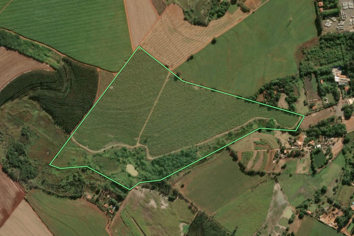 Imagem de satélite do imóvel rural em Leme (SP), com o contorno declarado no CAR desenhado por cima.