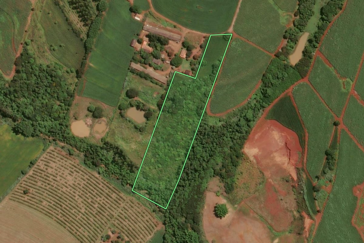 Imagem de satélite do imóvel rural em Leme (SP), com o contorno declarado no CAR desenhado por cima.