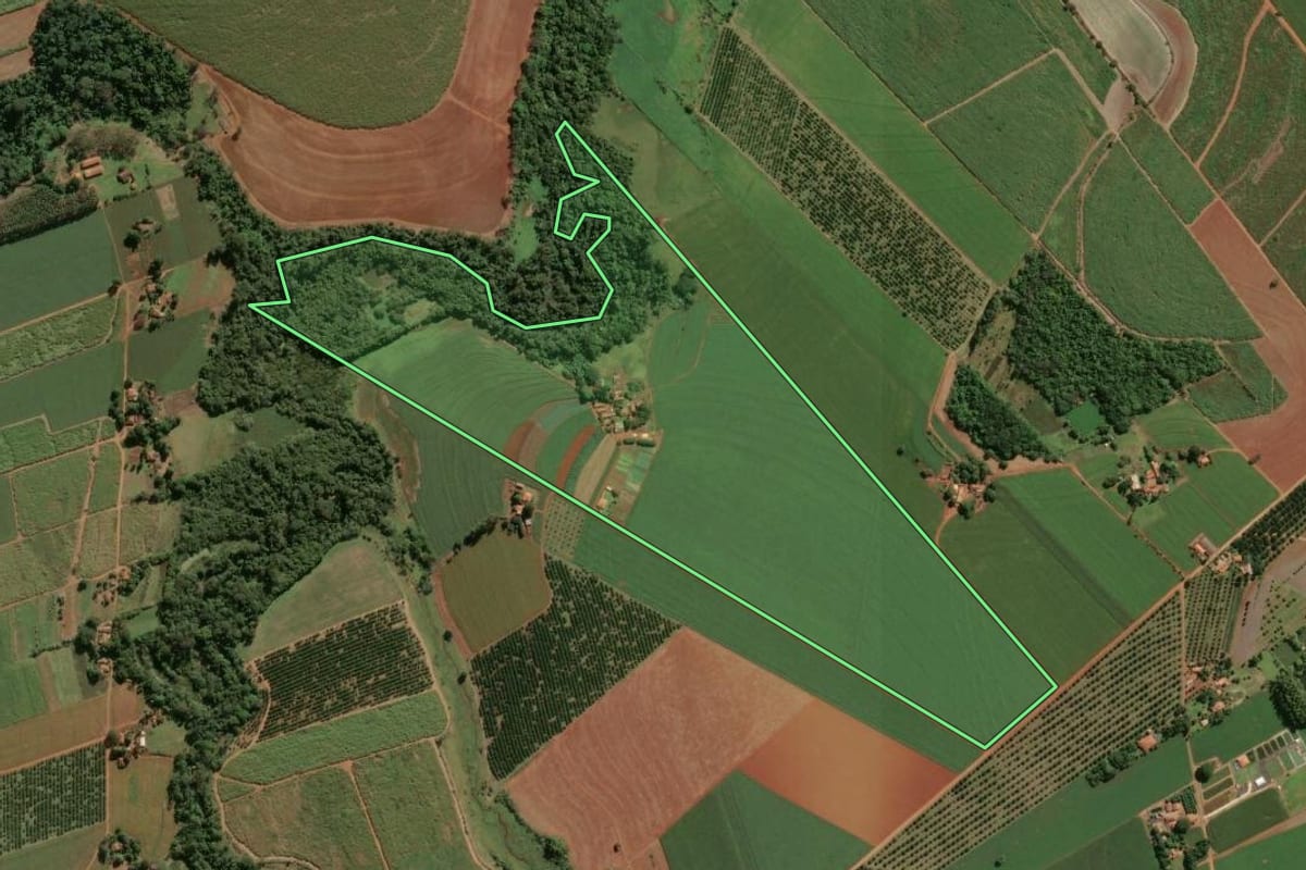 Imagem de satélite do imóvel rural em Leme (SP), com o contorno declarado no CAR desenhado por cima.