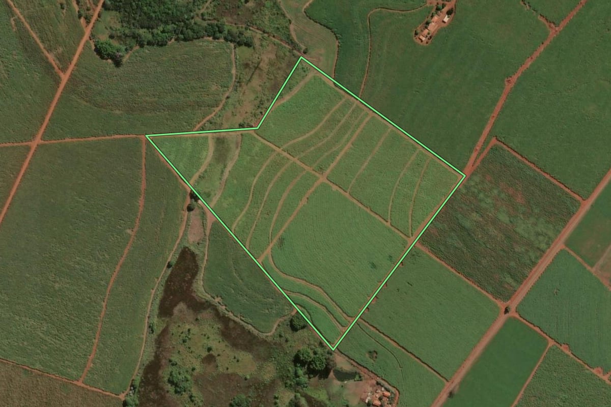 Imagem de satélite do imóvel rural em Leme (SP), com o contorno declarado no CAR desenhado por cima.