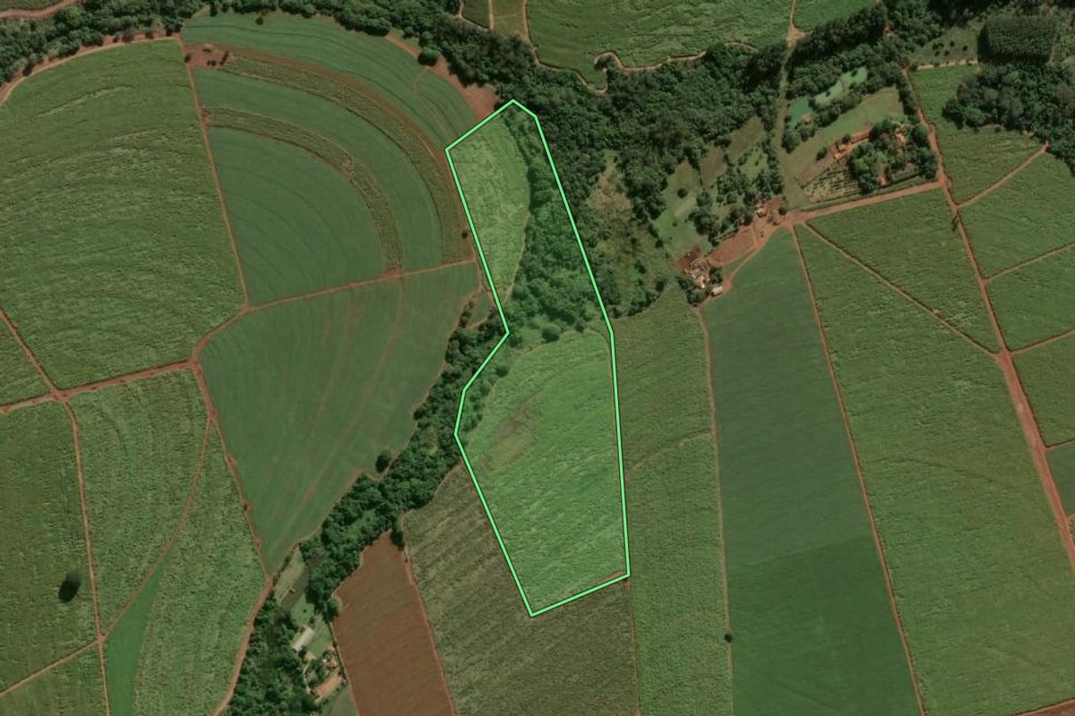 Imagem de satélite do imóvel rural em Leme (SP), com o contorno declarado no CAR desenhado por cima.