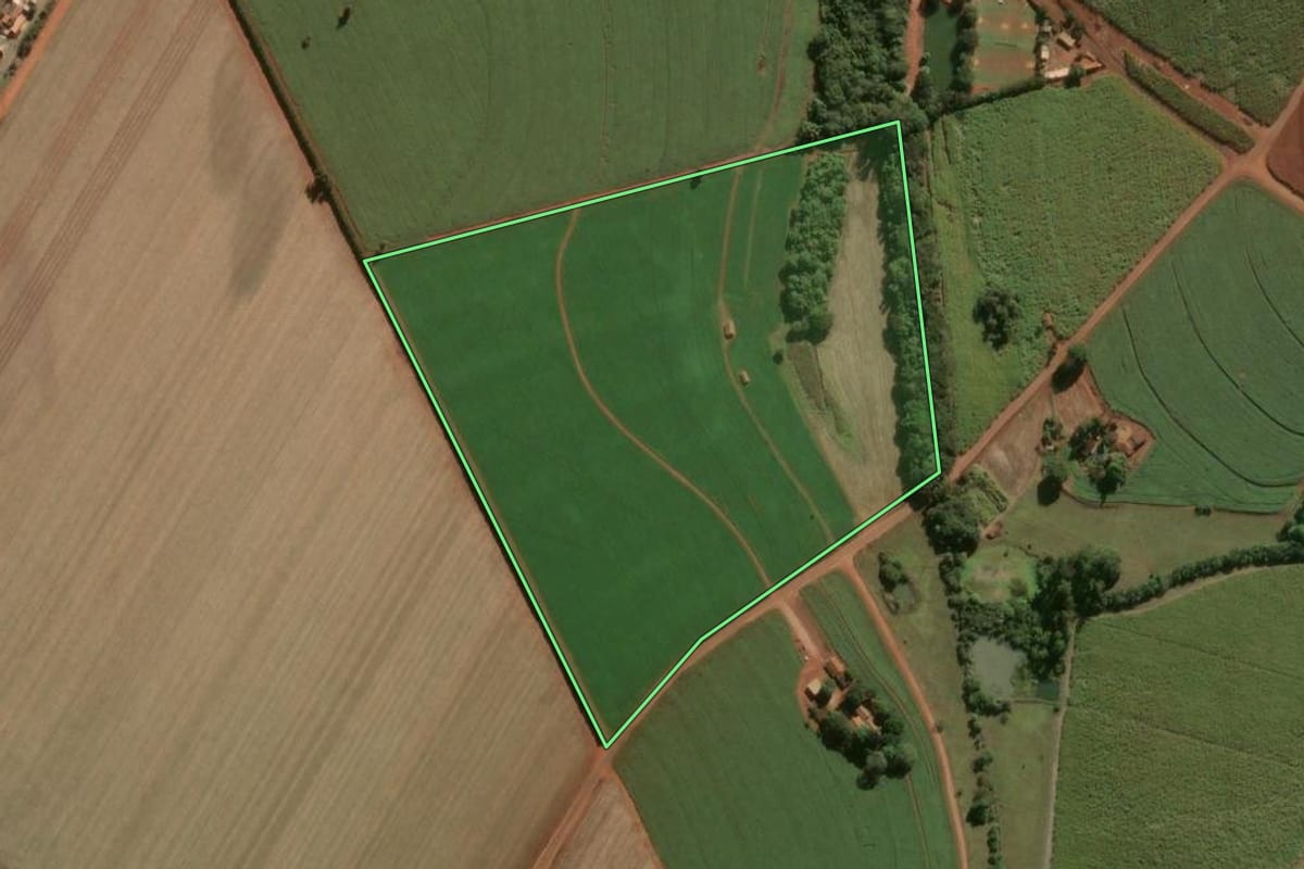 Imagem de satélite do imóvel rural em Leme (SP), com o contorno declarado no CAR desenhado por cima.