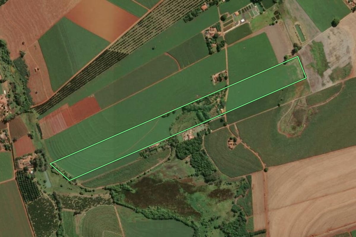 Imagem de satélite do imóvel rural em Leme (SP), com o contorno declarado no CAR desenhado por cima.