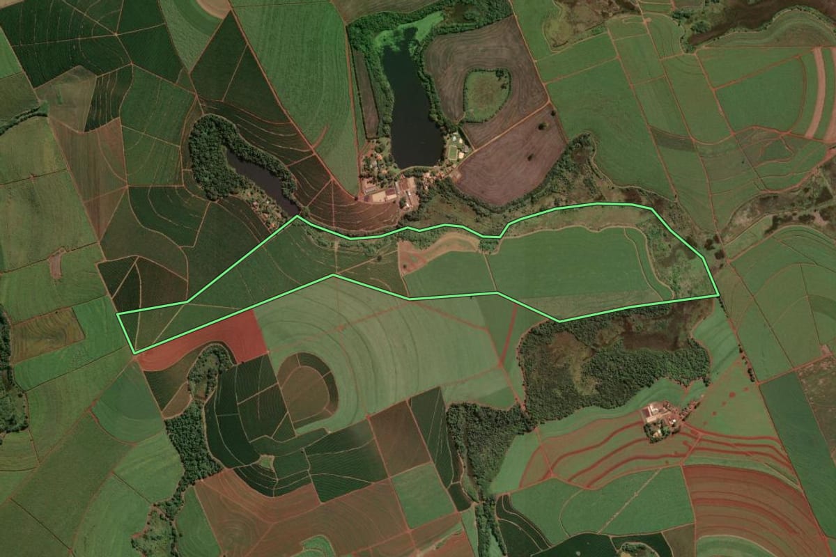 Imagem de satélite do imóvel rural em Leme (SP), com o contorno declarado no CAR desenhado por cima.