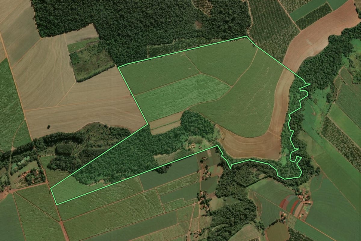 Imagem de satélite do imóvel rural em Leme (SP), com o contorno declarado no CAR desenhado por cima.