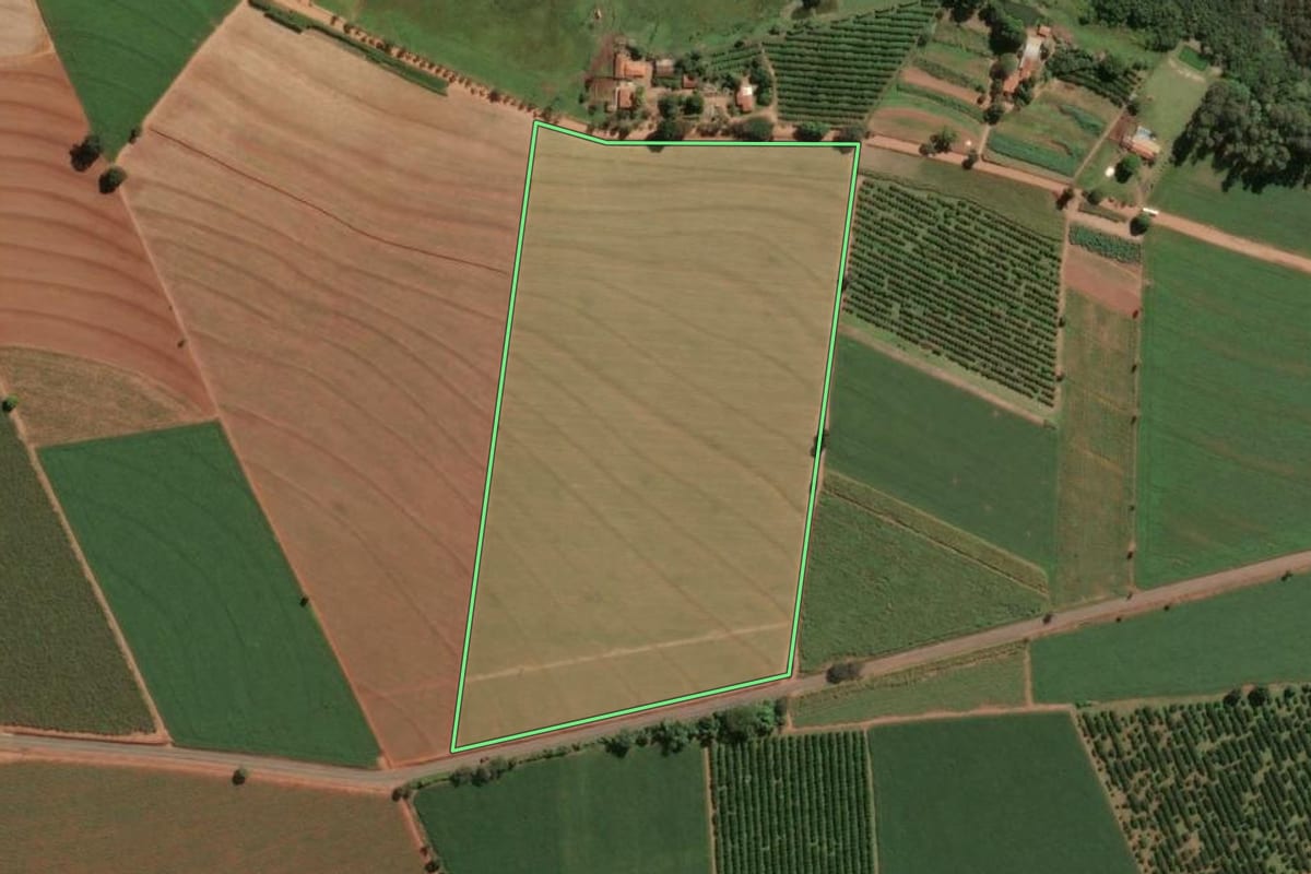 Imagem de satélite do imóvel rural em Leme (SP), com o contorno declarado no CAR desenhado por cima.