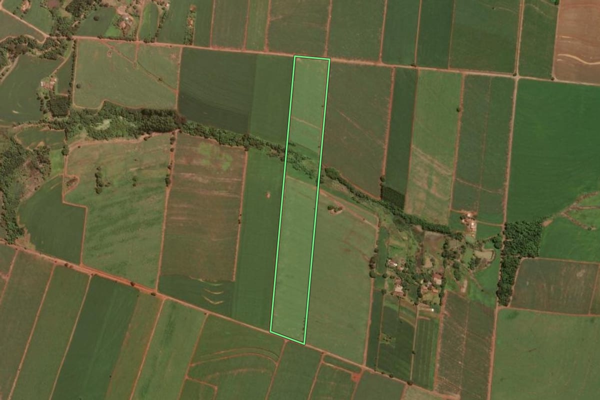 Imagem de satélite do imóvel rural em Leme (SP), com o contorno declarado no CAR desenhado por cima.