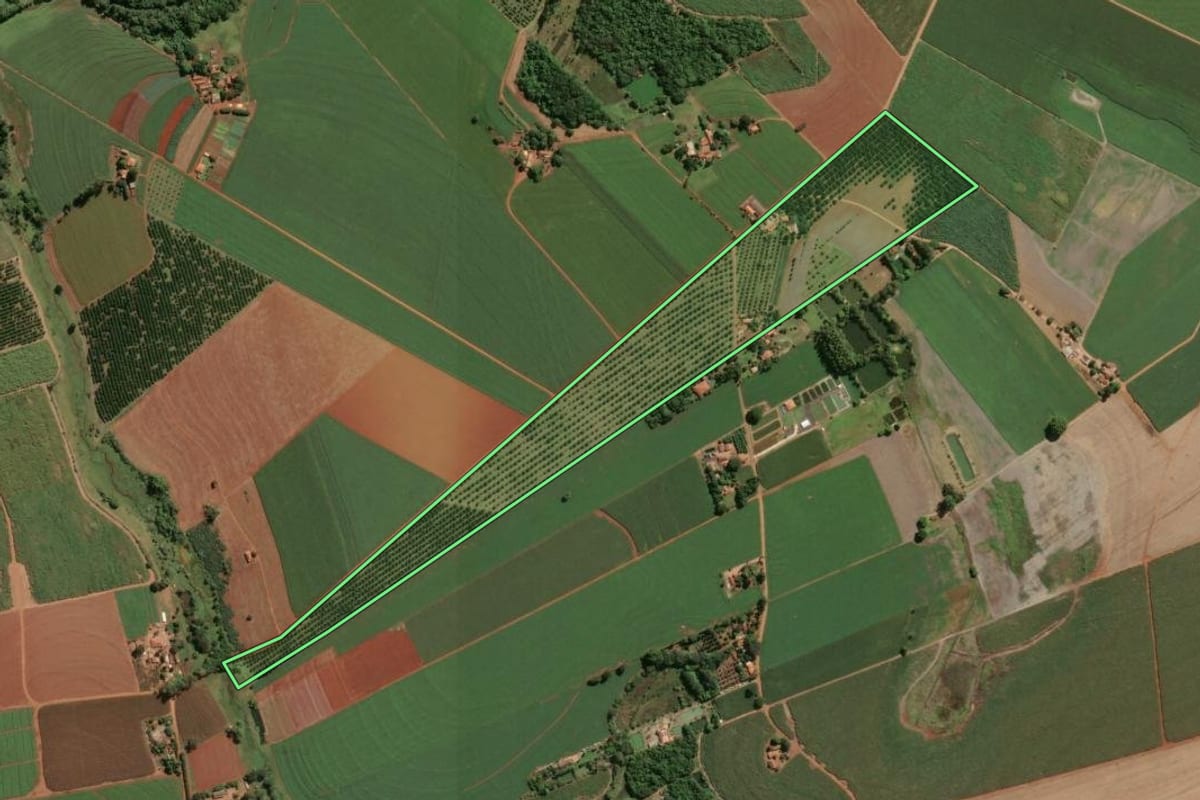 Imagem de satélite do imóvel rural em Leme (SP), com o contorno declarado no CAR desenhado por cima.