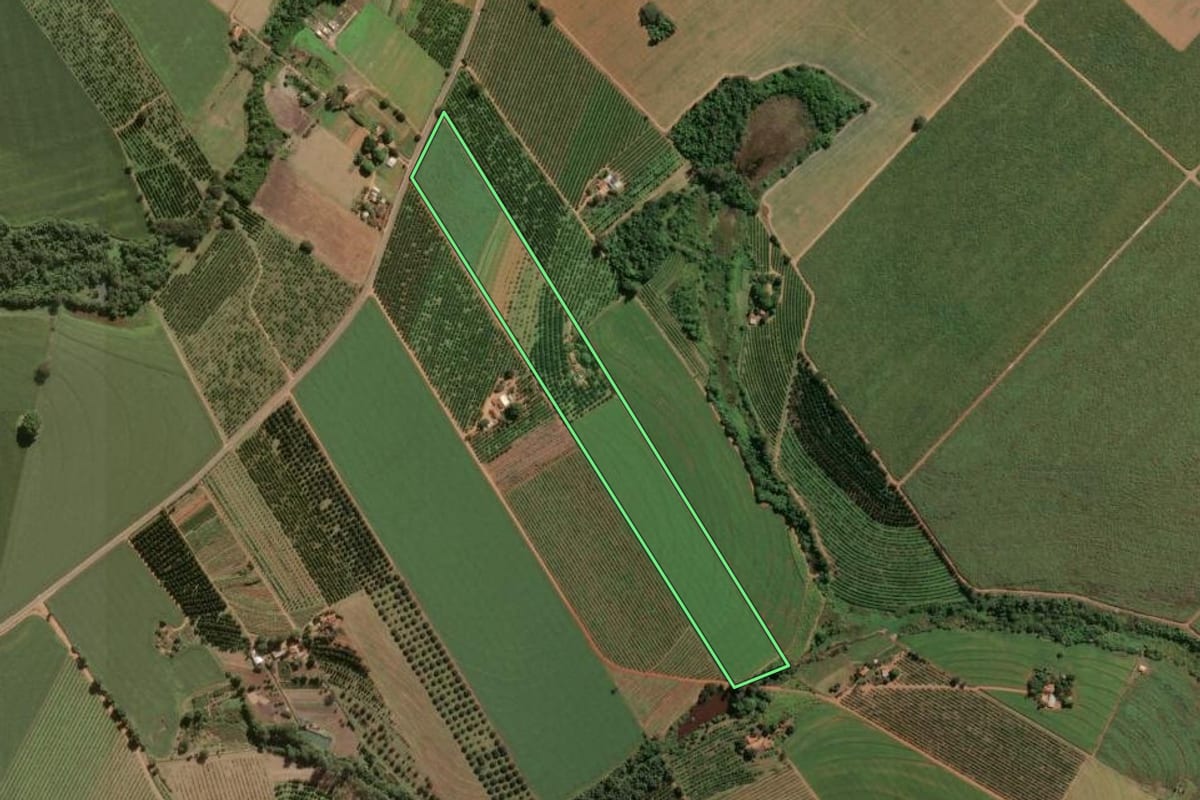 Imagem de satélite do imóvel rural em Leme (SP), com o contorno declarado no CAR desenhado por cima.